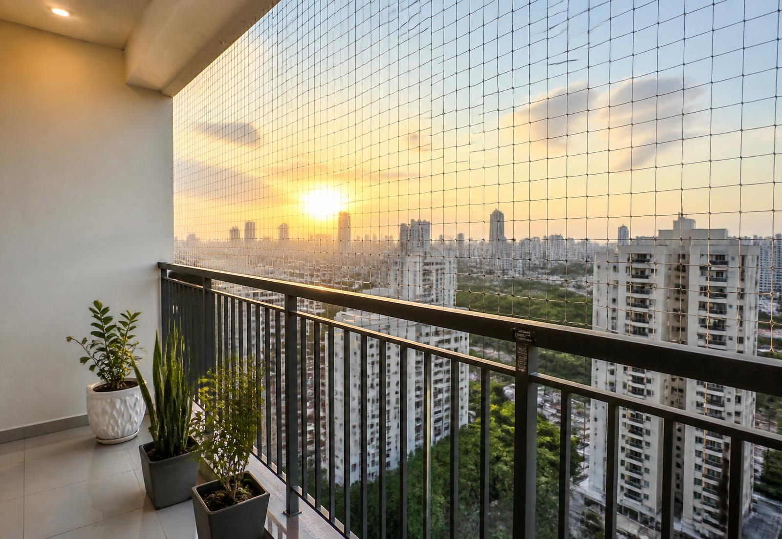 Modern Gurugram apartment balcony with a professionally installed anti bird net