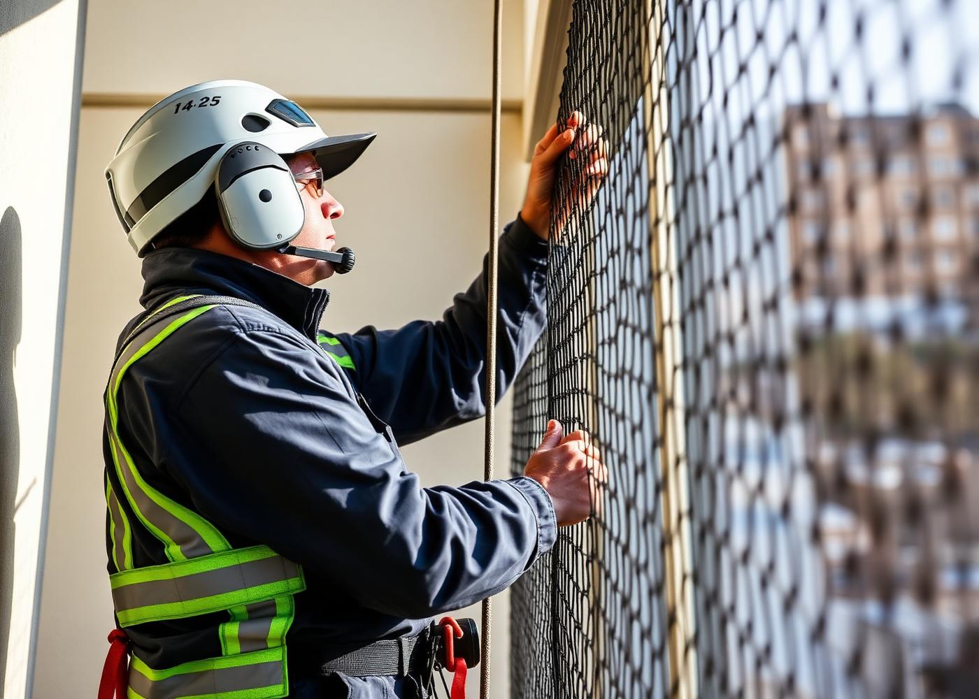 Technician installing a bird protection net on an apartment balcony