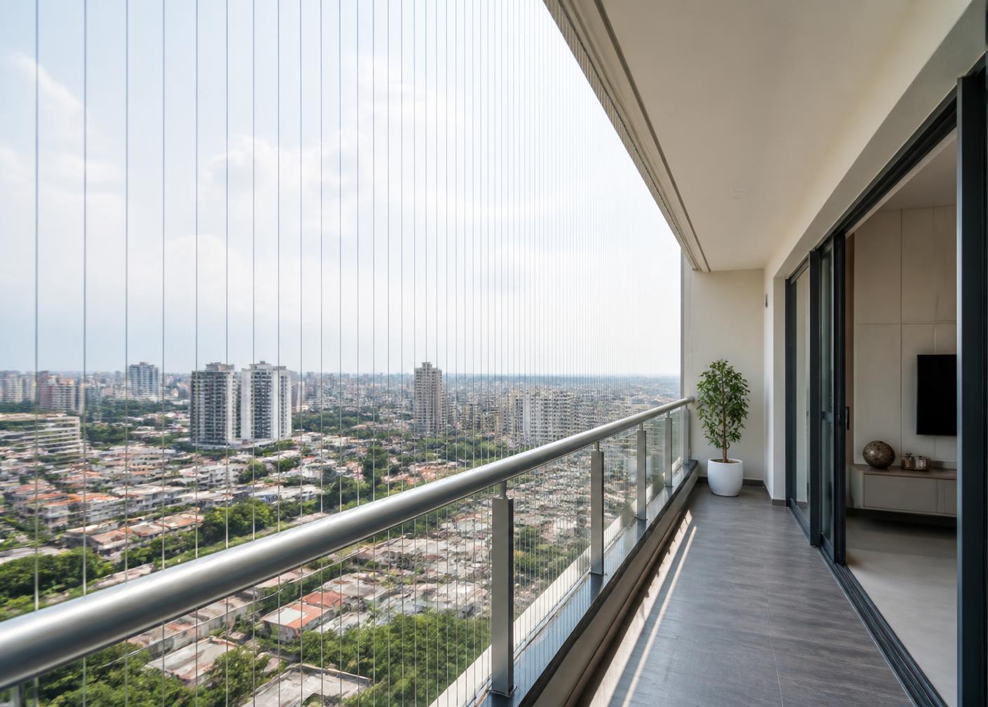 Invisible grill installed on a modern high-rise balcony in Gurugram